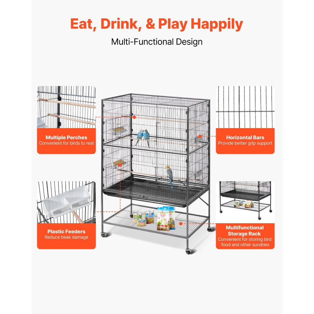 VEVOR Bird Cage, 36.6 x 22.8 x 59.5 inch, Flat Top, Wrought Iron Bird Flight Cage with Perches, Slide-Out Tray and Plastic Feeders, for Blue Tit, Cockatiel, Canary, Monk Parakeet, African Grey Parrot