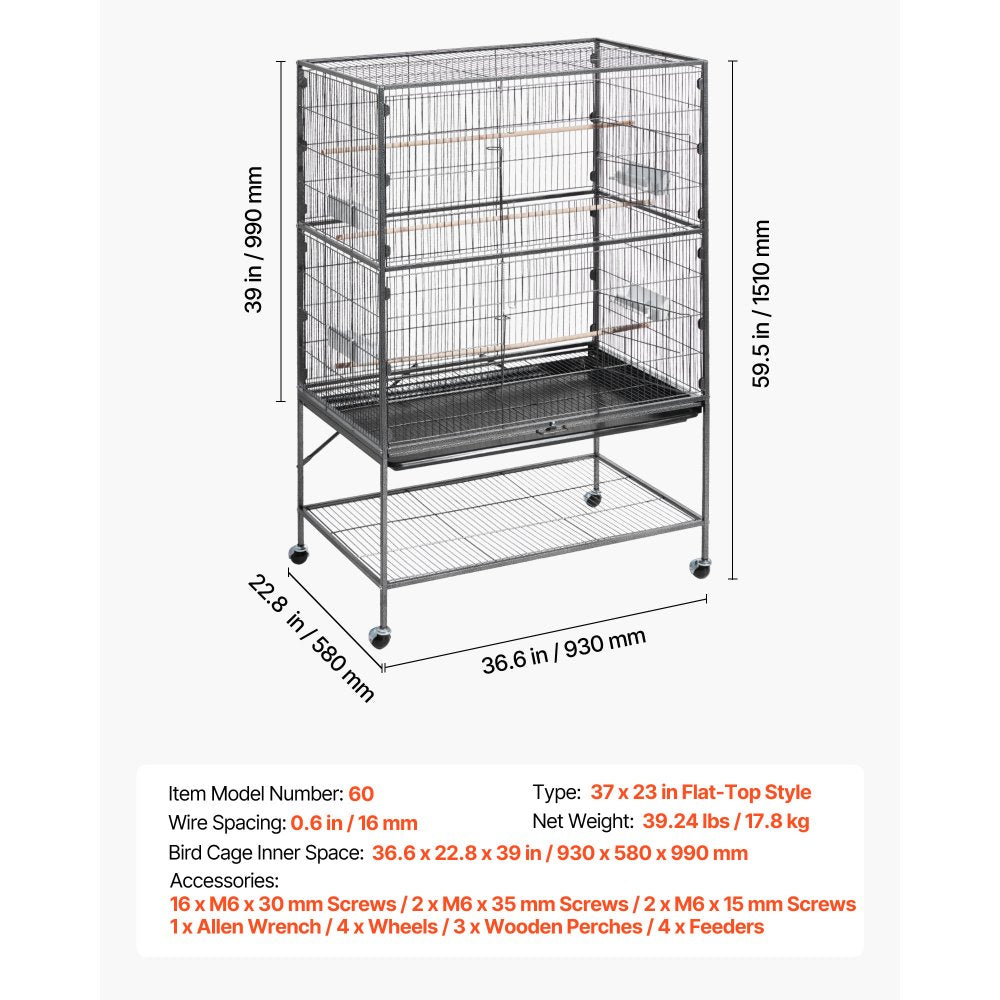 VEVOR Bird Cage, 36.6 x 22.8 x 59.5 inch, Flat Top, Wrought Iron Bird Flight Cage with Perches, Slide-Out Tray and Plastic Feeders, for Blue Tit, Cockatiel, Canary, Monk Parakeet, African Grey Parrot