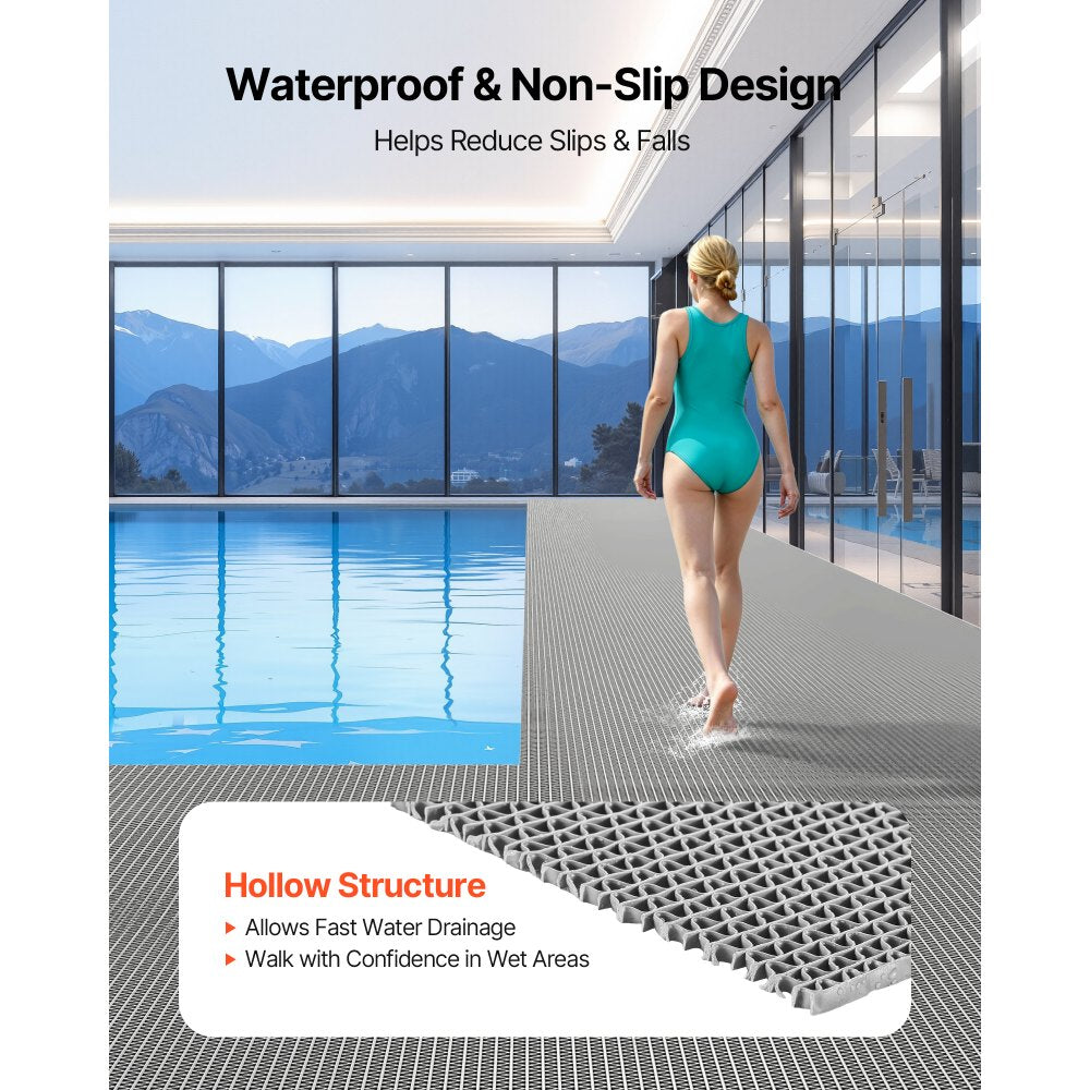 VEVOR Drainage Mat, 3 x 16.4 ft, PVC Non Slip Commercial Floor Mat, Wet Area Water Drain Splash Matting Hollow Doormat Roll, for Outdoor Indoor Restaurant Swimming Pool Patio Bathroom Washroom, Gray