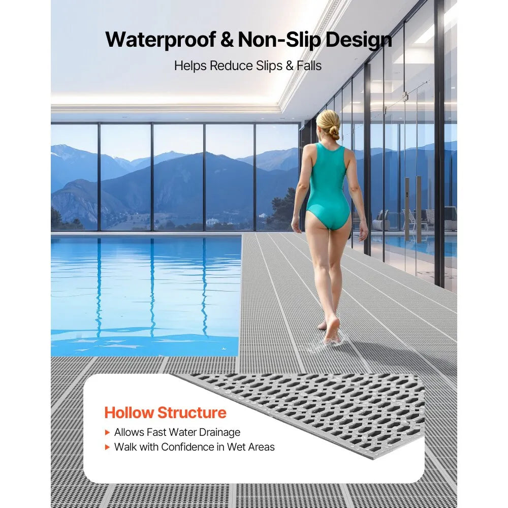 VEVOR Drainage Mat, 3 x 50 ft, PVC Non Slip Commercial Floor Mat, Wet Area Water Drain Splash Matting Hollow Doormat Roll, for Outdoor Indoor Restaurant Swimming Pool Patio Bathroom Washroom, Gray