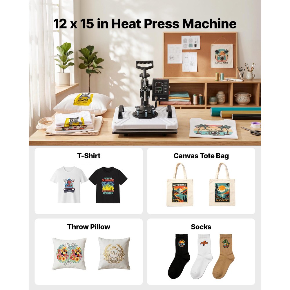 VEVOR Heat Press Machine 12 x 15 in Sublimation Press Machine Swing Away, Heat Up Fast and Even, Digital Precise Time and Temperature Control, for T-Shirts, Canvas Tote Bags, Pillowcases, Socks