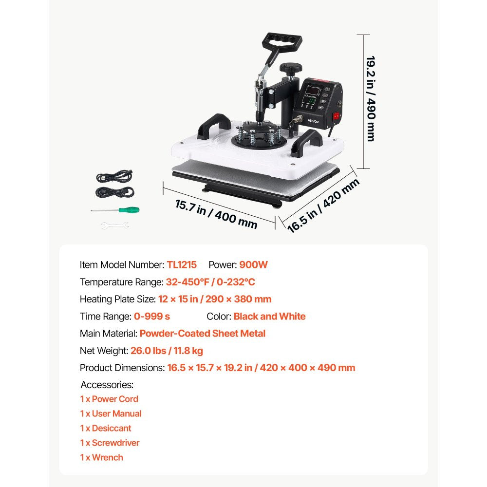 VEVOR Heat Press Machine 12 x 15 in Sublimation Press Machine Swing Away, Heat Up Fast and Even, Digital Precise Time and Temperature Control, for T-Shirts, Canvas Tote Bags, Pillowcases, Socks