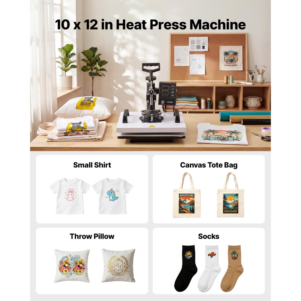 VEVOR Heat Press Machine 12 x 10 in Sublimation Press Machine Swing Away, Heat Up Fast and Even, Digital Precise Time and Temperature Control, for T-Shirts, Canvas Tote Bag, Pillowcases, Socks