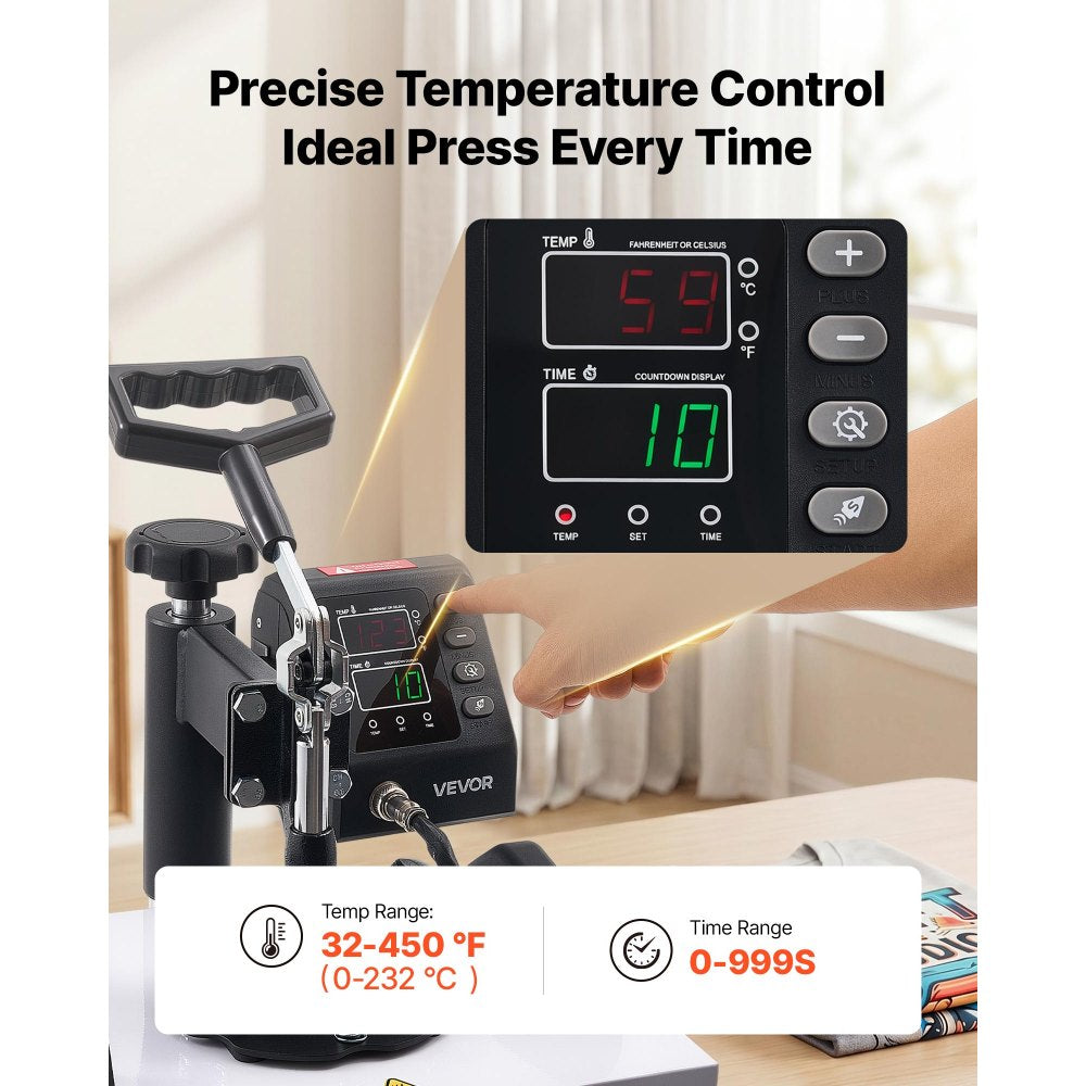 VEVOR Heat Press Machine 12 x 10 in Sublimation Press Machine Swing Away, Heat Up Fast and Even, Digital Precise Time and Temperature Control, for T-Shirts, Canvas Tote Bag, Pillowcases, Socks