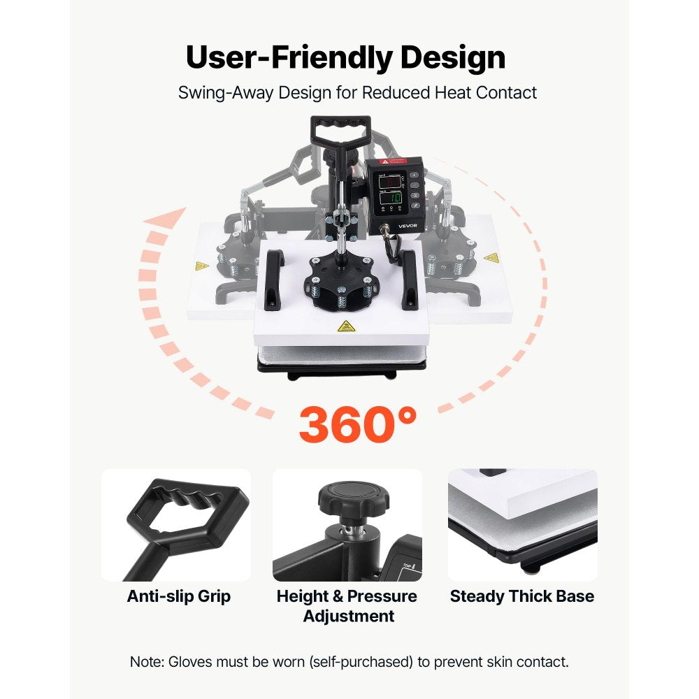 VEVOR Heat Press Machine 12 x 10 in Sublimation Press Machine Swing Away, Heat Up Fast and Even, Digital Precise Time and Temperature Control, for T-Shirts, Canvas Tote Bag, Pillowcases, Socks