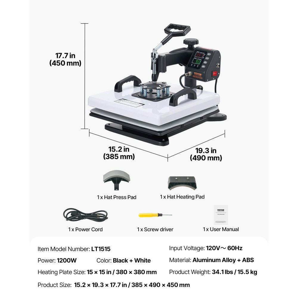 VEVOR Heat Press Machine, 15 x 15 in, 2-in-1 Multifunction, 360° Swing Away, 1200W Double Tube Fast and Even Heating, Digital Precise Control, Sublimation Press Machine for T-Shirts, Hats, Caps