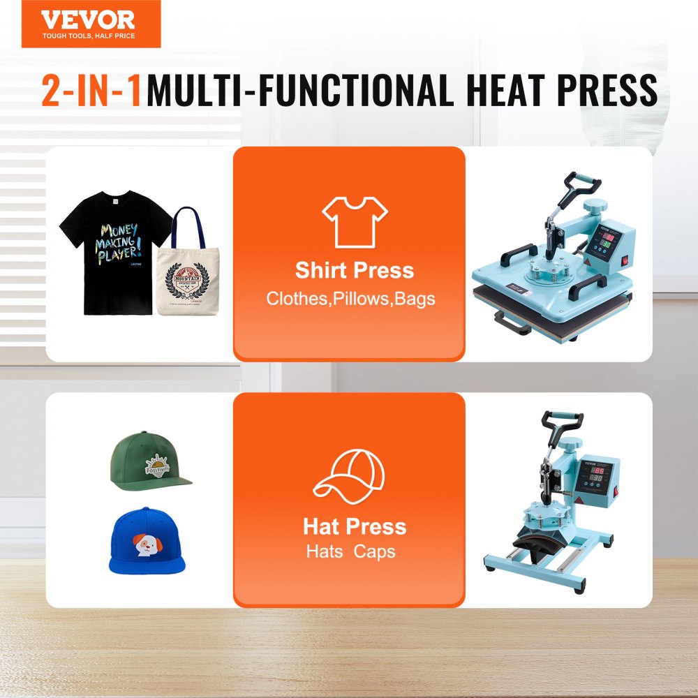 VEVOR Heat Press Machine, 12 x 15 inch, 2 in 1 Heat Transfer Machine with Hat Press, 360° Swing Away T-Shirt Pressing Machine, Digital Precise Control, Fast Even Heating for T-Shirts/Hats/Caps, Green
