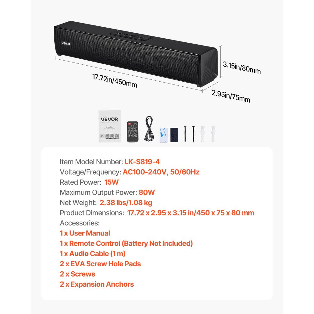 VEVOR Sound Bar for Smart TV, 2.0 Channel, 17-Inch Compact Soundbar TV Speakers for Projector, Bluetooth AUX Connection, Remote Control, Easy Setup, 80W Surround Sound System for PC Home Theater Audio