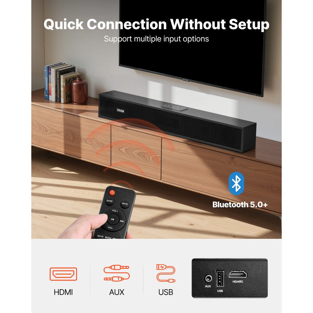 VEVOR Sound Bar for Smart TV, 2.0 Channel, 24-Inch Compact Soundbar TV Speakers for Projector, Bluetooth AUX Connection, Remote Control, Easy Setup, 80W Surround Sound System for PC Home Theater Audio