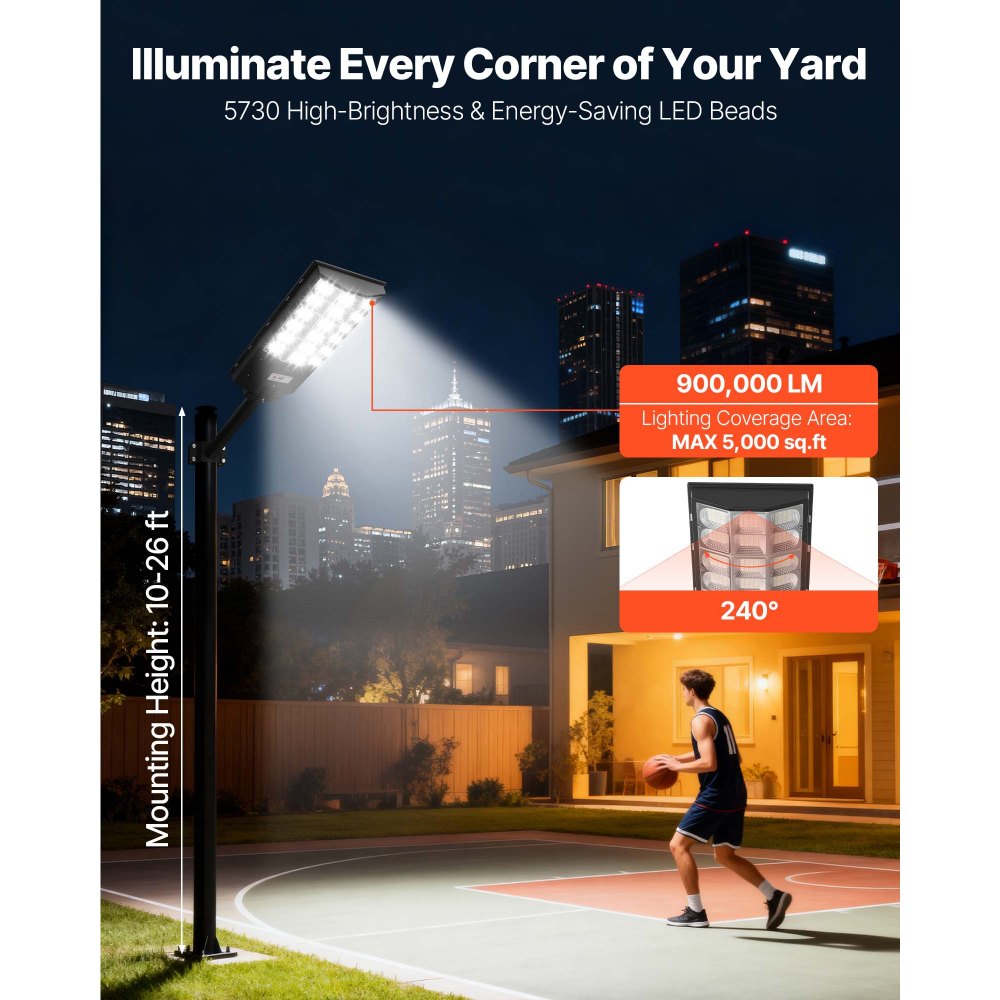 VEVOR 12000W Solar Street Light Outdoor, 900000LM, Commercial Parking Lot Light Dusk to Dawn, LED Flood Security Lamp with Motion Sensor, IP65 Waterproof Wide Angle Outdoor Lighting, for Driveway Yard