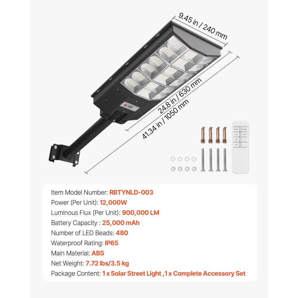 VEVOR 12000W Solar Street Light Outdoor, 900000LM, Commercial Parking Lot Light Dusk to Dawn, LED Flood Security Lamp with Motion Sensor, IP65 Waterproof Wide Angle Outdoor Lighting, for Driveway Yard