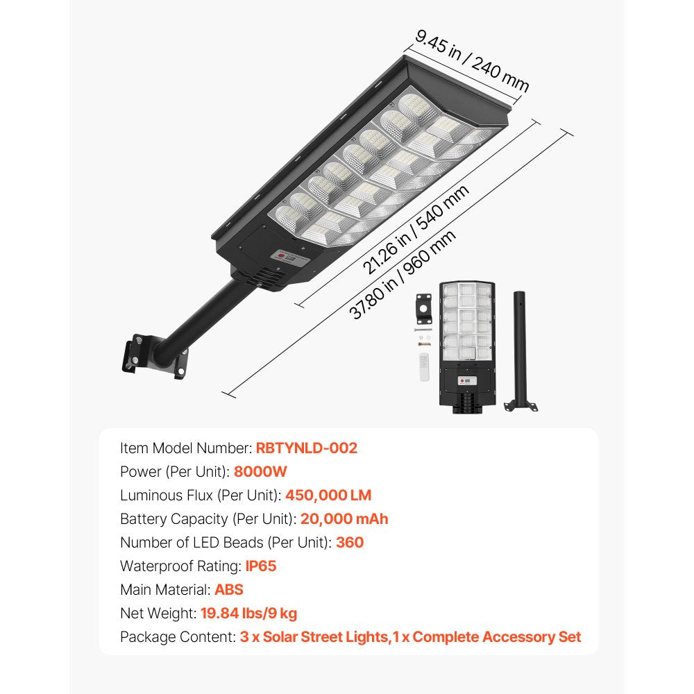 VEVOR 8000W Solar Street Lights Outdoor, 450000LM, Commercial Parking Lot Lights Dusk to Dawn, LED Flood Security Lamp with Motion Sensor, IP65 Waterproof Outdoor Lighting, for Driveway Yard, 3 Pack