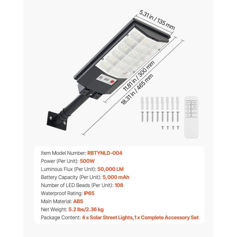 VEVOR 4 Pack 500W Solar Street Lights Outdoor, 50000LM, Commercial Parking Lot Lights Dusk to Dawn, LED Flood Security Lamp with Motion Sensor, IP65 Waterproof Outdoor Lighting, for Driveway Yard