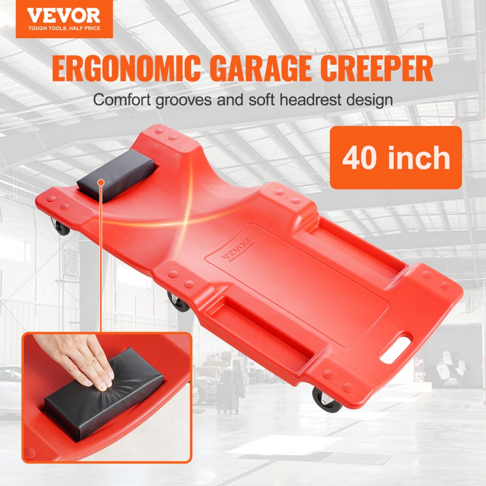 VEVOR Mechanic Plastic Creeper, 40-Inch, 350 lbs Capacity Automotive Rolling Garage Creeper with Molded Ergonomic HDPE Body Padded Headrest & Dual Tool Trays 6 Wheels, for Garage Shop Auto Repair