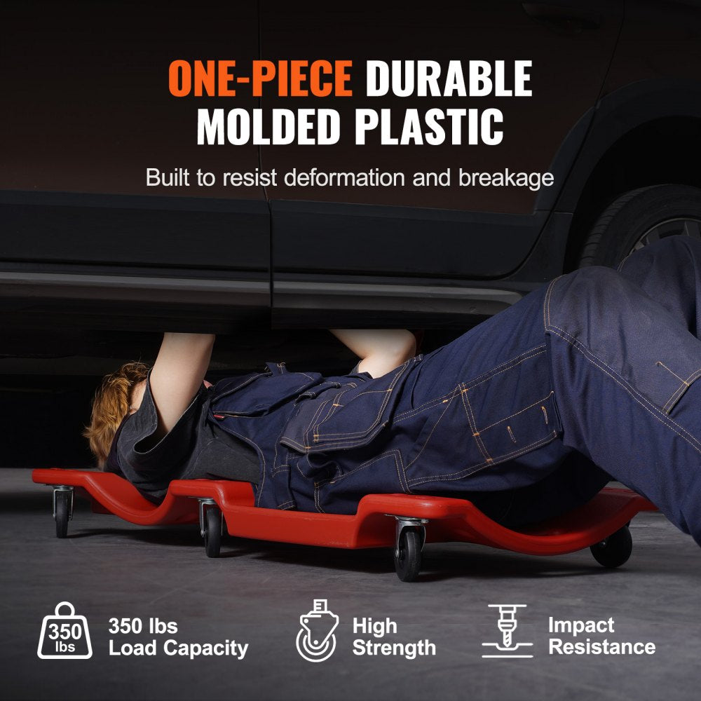 VEVOR Mechanic Plastic Creeper, 40-Inch, 350 lbs Capacity Automotive Rolling Garage Creeper with Molded Ergonomic HDPE Body Padded Headrest & Dual Tool Trays 6 Wheels, for Garage Shop Auto Repair