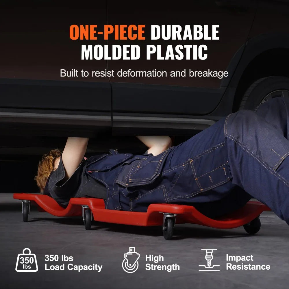 VEVOR Mechanic Plastic Creeper, 36-Inch, 350 lbs Capacity Automotive Rolling Garage Creeper with Molded Ergonomic HDPE Body Padded Headrest & Dual Tool Trays 6 Wheels, for Garage Shop Auto Repair
