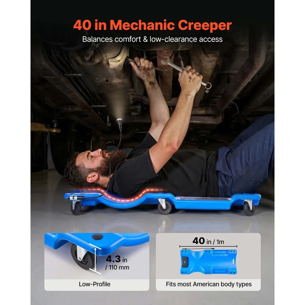 VEVOR 40 in Mechanic Creeper with LED Light, Low Profile Plastic Garage Creeper, 350 lbs Under Car Rolling Creeper with 6 Swivel Casters, Padded Headrest & Tool Trays for Auto Repair