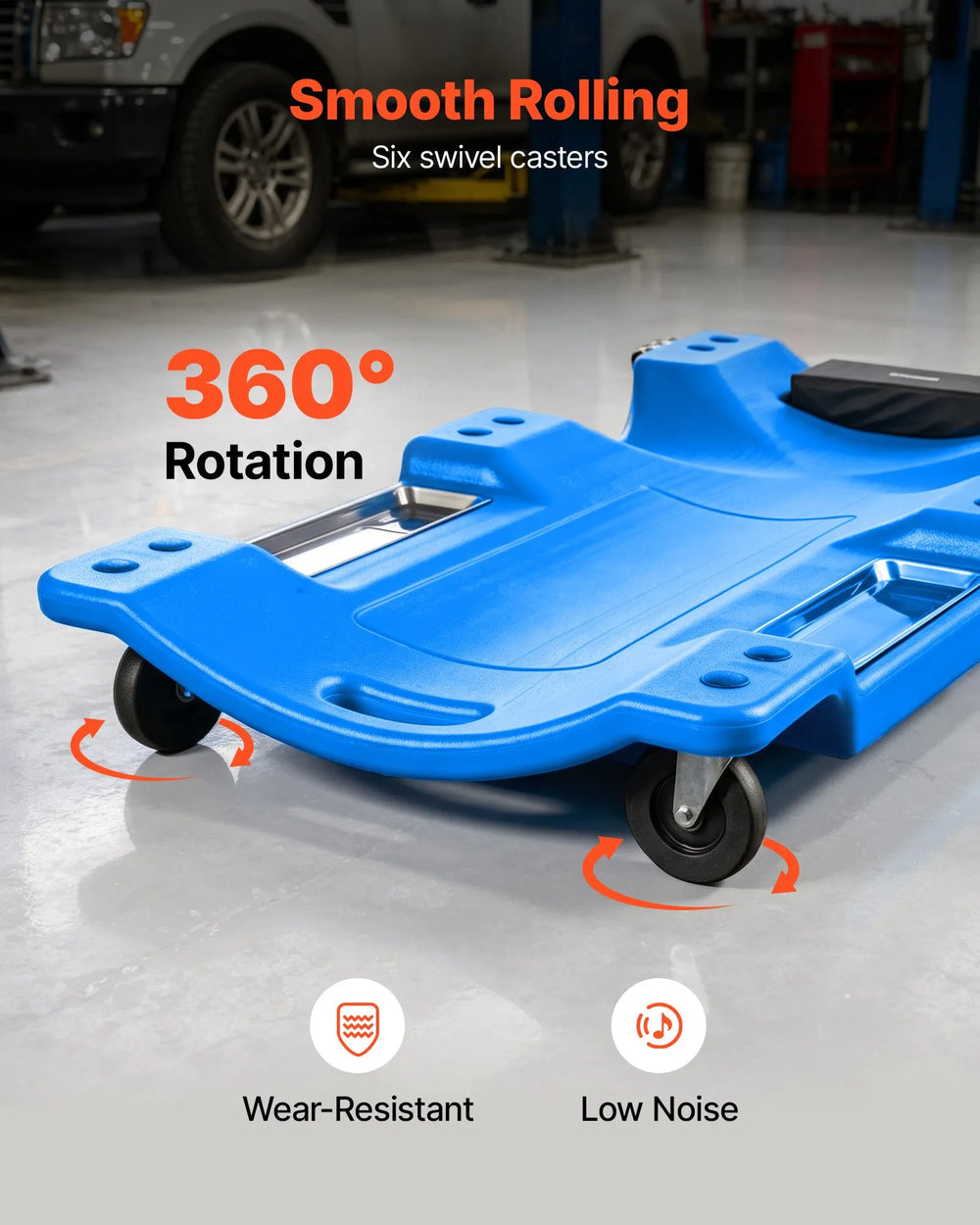 VEVOR 40 in Mechanic Creeper with LED Light, Low Profile Plastic Garage Creeper, 350 lbs Under Car Rolling Creeper with 6 Swivel Casters, Padded Headrest & Tool Trays for Auto Repair