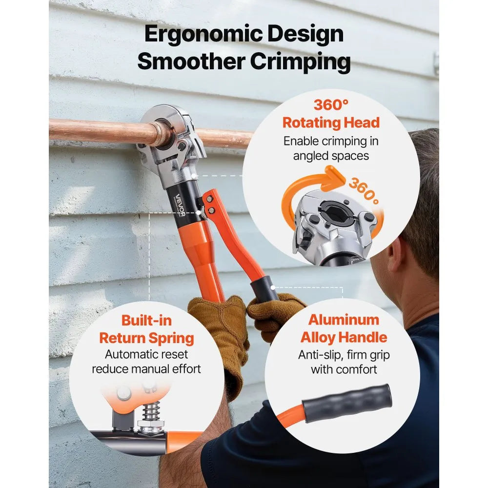 VEVOR Copper Pipe Crimping Tool, Hydraulic Driven Press Tool with 1/2", 3/4", 1" VUS Jaws, Copper Tube Fittings Crimper for Narrow Spaces, Straight & Bend Fittings - Compatible with ProPress