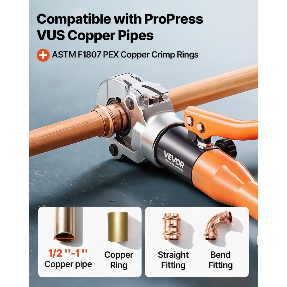 VEVOR Copper Pipe Crimping Tool, Hydraulic Driven Press Tool with 1/2" 3/4" 1" Jaws for VUS Type Copper Tube & 3/8", 1/2", 5/8", 3/4", 1" Jaws for ASTM F1807 PEX Pipe Copper Ring - with Carrying Case