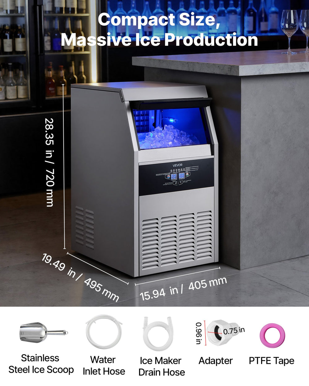 VEVOR Commercial Ice Maker dimensions and included accessories infographic