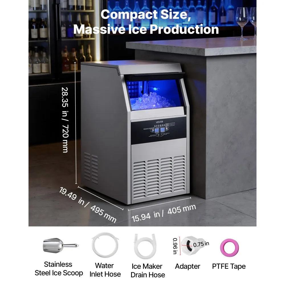VEVOR Commercial Ice Maker Machine, 160 lbs/24h with 30 lbs Storage Capacity, Built-in/Freestanding/Under Counter, Stainless Steel Ice Maker with LED Display & Self-Cleaning, for Home Bar Restaurant