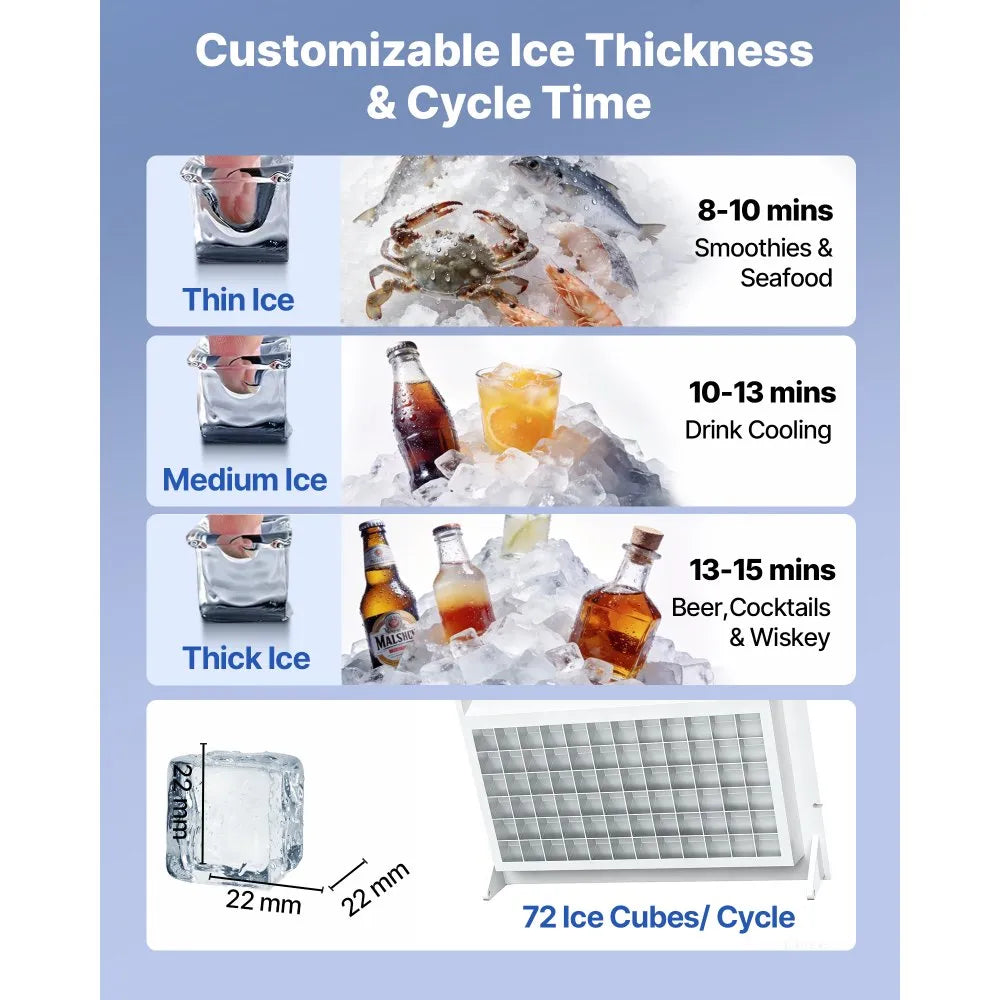 VEVOR Commercial Ice Maker Machine, 200 lbs/24h with 50 lbs Storage Capacity, Built-in/Freestanding/Under Counter, Stainless Steel Ice Maker with LED Display & Self-Cleaning, for Home Bar Restaurant