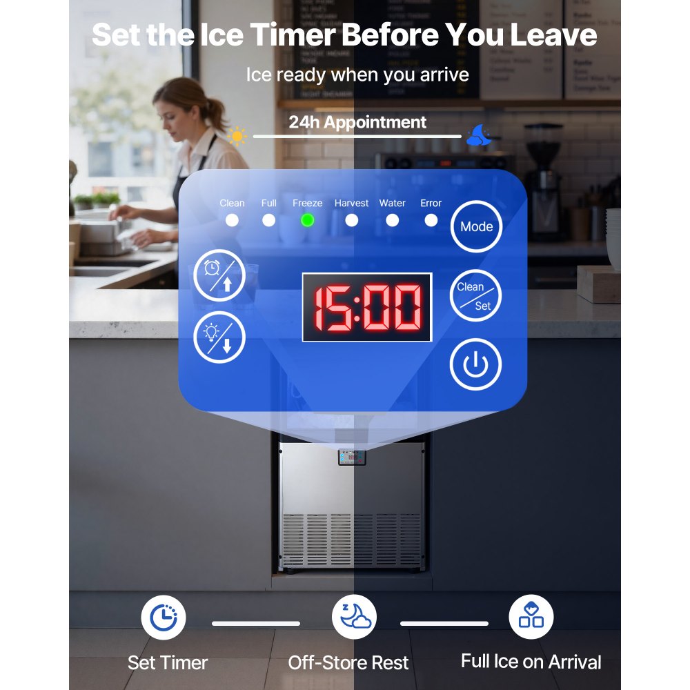 VEVOR Commercial Ice Maker Machine, 200 lbs/24h with 50 lbs Storage Capacity, Built-in/Freestanding/Under Counter, Stainless Steel Ice Maker with LED Display & Self-Cleaning, for Home Bar Restaurant