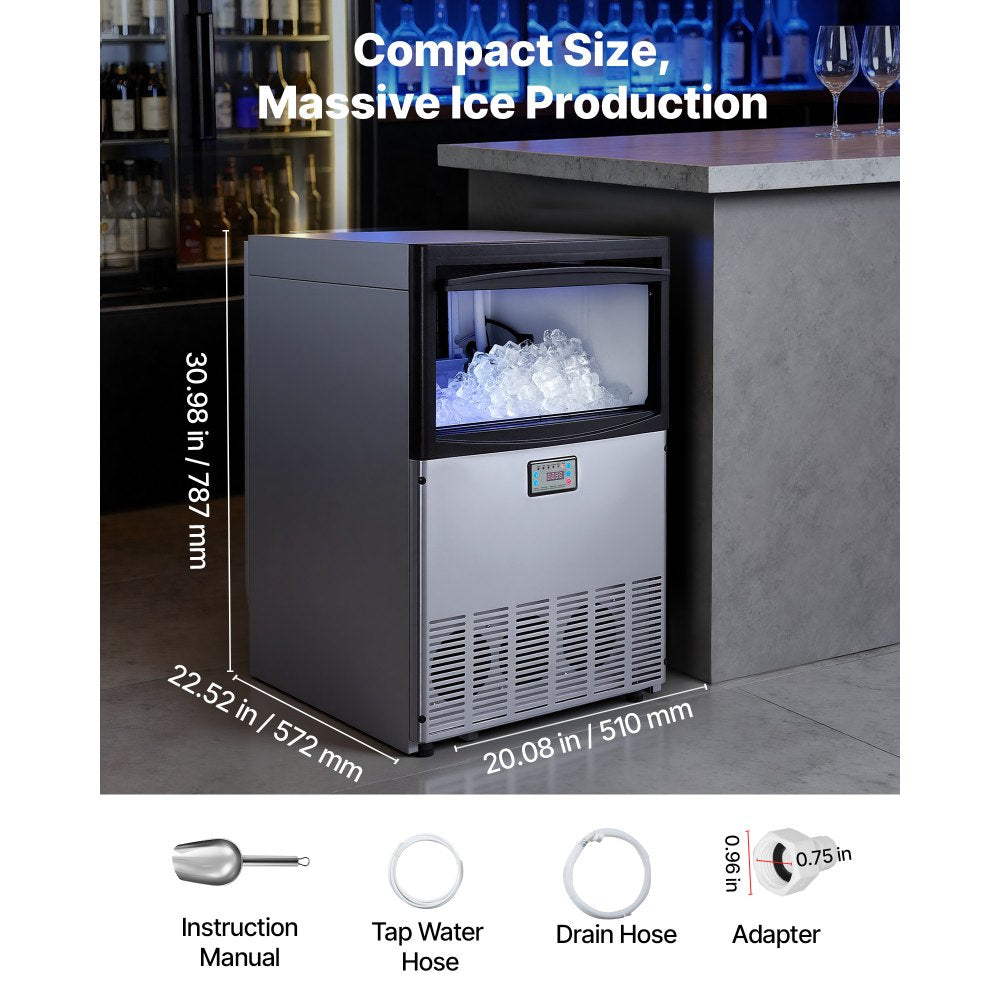VEVOR Commercial Ice Maker Machine, 200 lbs/24h with 50 lbs Storage Capacity, Built-in/Freestanding/Under Counter, Stainless Steel Ice Maker with LED Display & Self-Cleaning, for Home Bar Restaurant