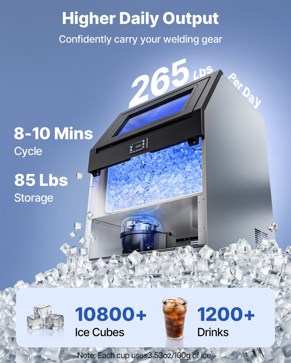 VEVOR Commercial Ice Maker Machine, 265 lbs/24h with 85 lbs Storage Capacity, Built-in/Freestanding/Under Counter, Stainless Steel Ice Maker with LED Display & Self-Cleaning, for Home Bar Restaurant