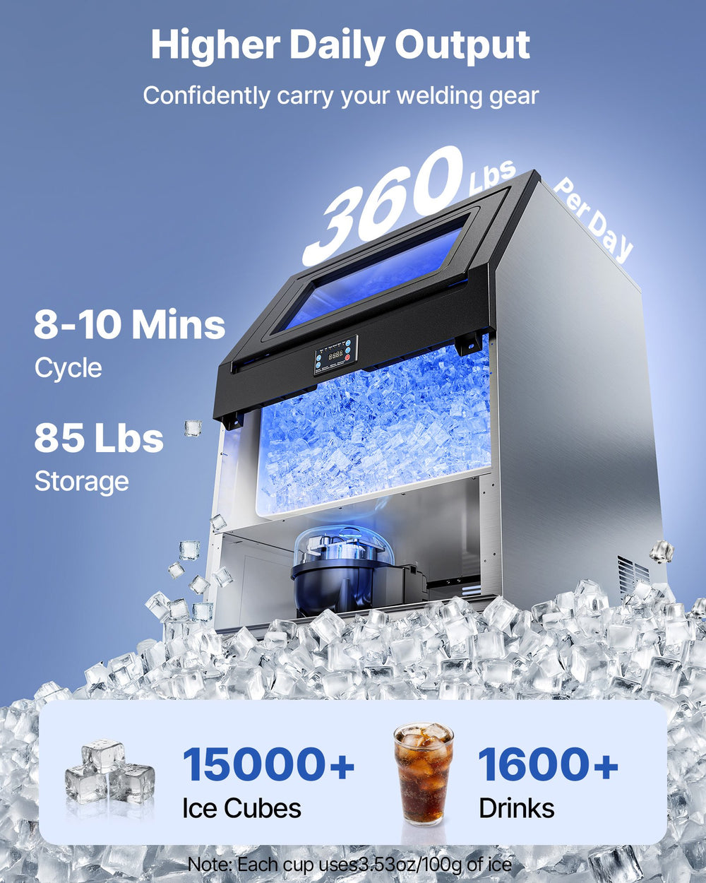 VEVOR Commercial Ice Maker Machine, 360 lbs/24h with 85 lbs Storage Capacity, Built-in/Freestanding/Under Counter, Stainless Steel Ice Maker with LED Display & Self-Cleaning, for Home Bar Restaurant