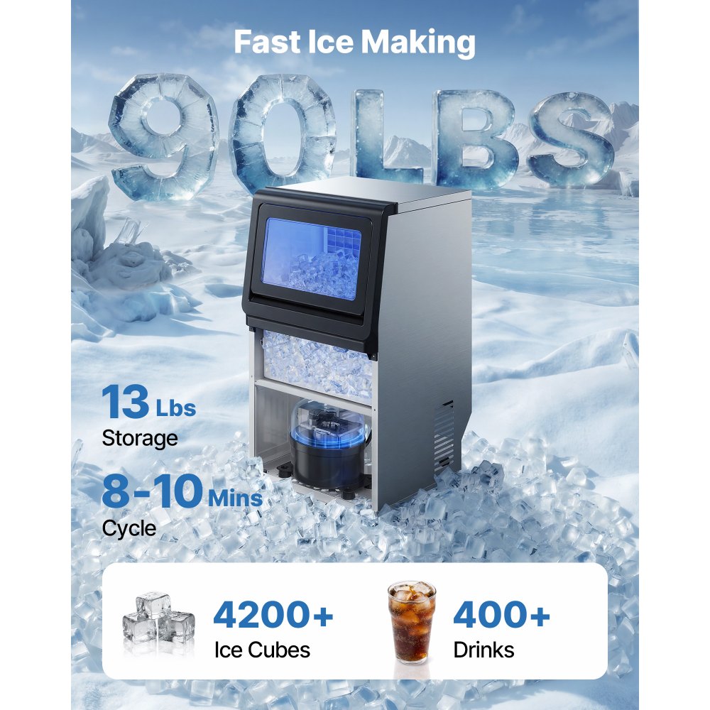 VEVOR Commercial Ice Maker Machine, 90 lbs/24h with 13 lbs Storage Capacity, Countertop/Freestanding/Under Counter, Stainless Steel Ice Maker with LED Display & Self-Cleaning, for Home Bar Restaurant
