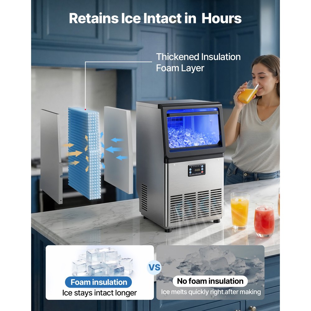 VEVOR Commercial Ice Maker Machine, 90 lbs/24h with 13 lbs Storage Capacity, Countertop/Freestanding/Under Counter, Stainless Steel Ice Maker with LED Display & Self-Cleaning, for Home Bar Restaurant