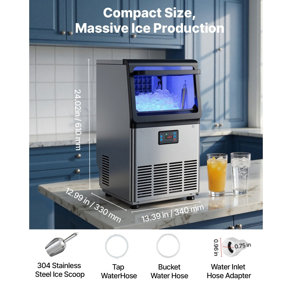 VEVOR Commercial Ice Maker Machine, 90 lbs/24h with 13 lbs Storage Capacity, Countertop/Freestanding/Under Counter, Stainless Steel Ice Maker with LED Display & Self-Cleaning, for Home Bar Restaurant