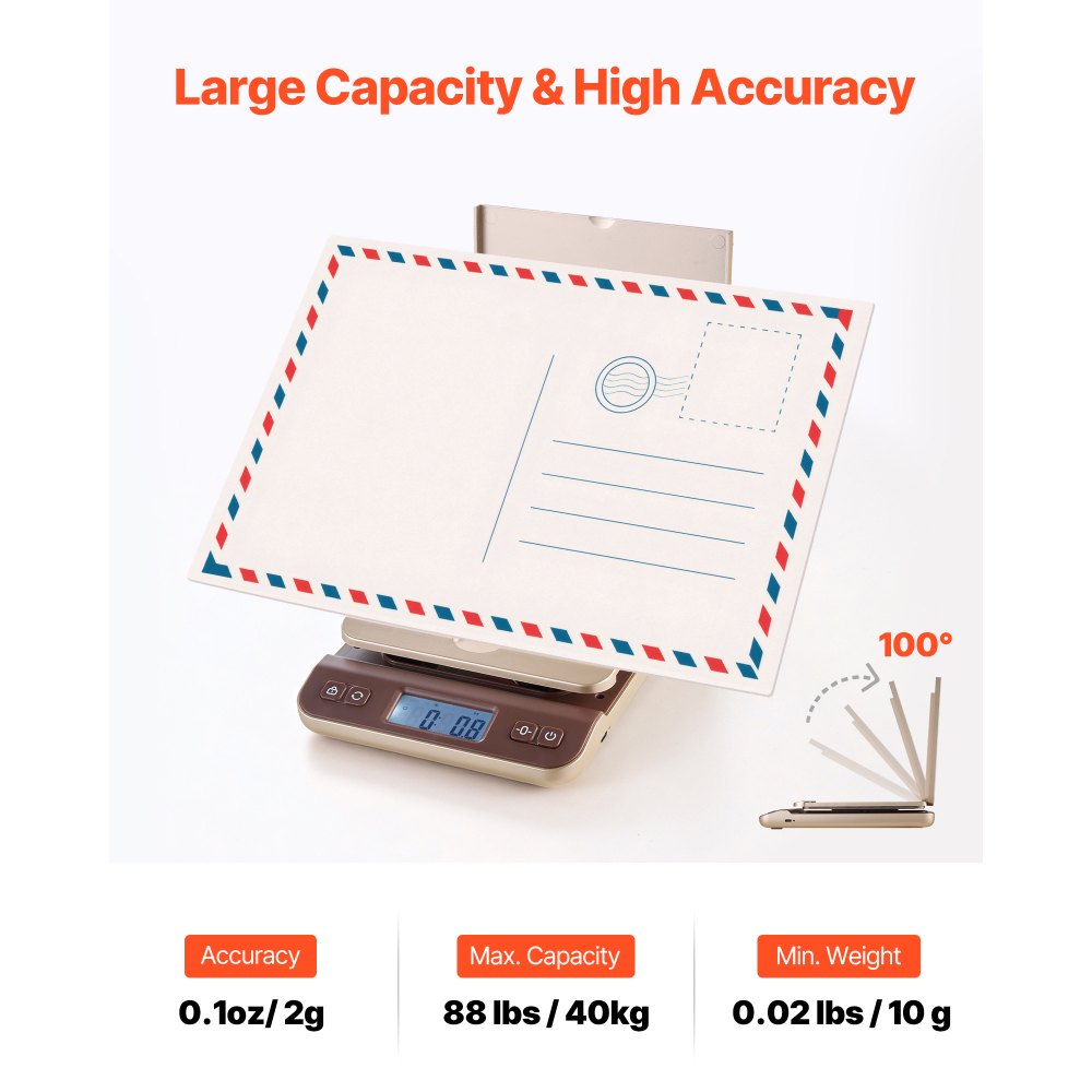 VEVOR Digital Shipping Postal Scale, 0.1 oz High Accuracy, 88 lbs Postal Scale with Hold/Tare/Auto-off Function, Flip Holder Design & Easy Calibration, Fit for Home and Office Use, Battery Included