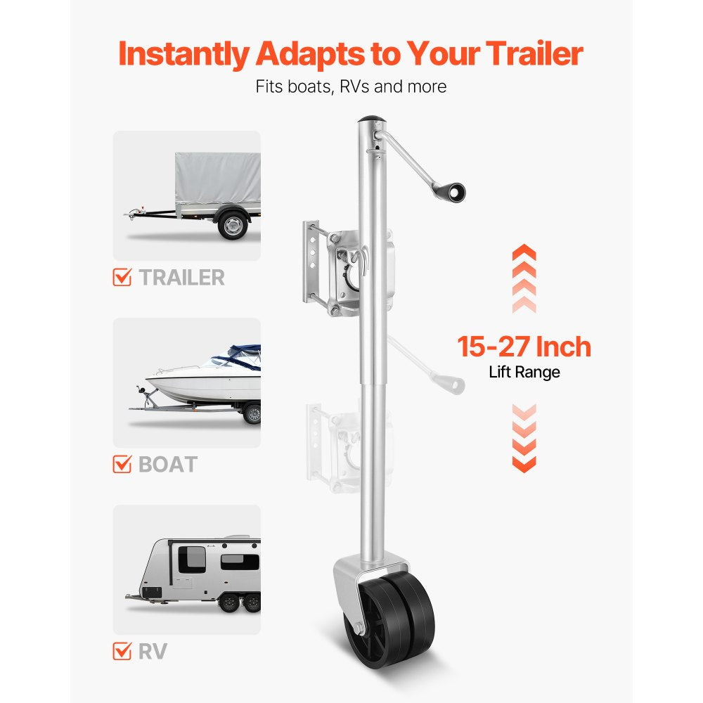 VEVOR Trailer Jack with Wheel, 2000 lbs Load Capacity, Heavy Duty Swivel Boat Trailer Jack with PP Dual Wheel & Ergonomic Handle, 15-27 Inch Lift Range, Fit for RVs, Boats and Utility Trailers