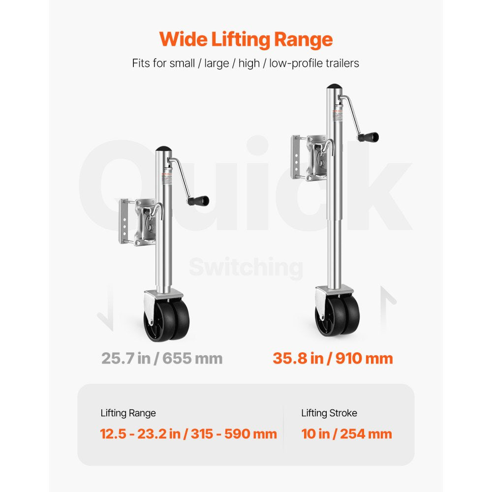 VEVOR Trailer Jack with Wheel, 2000 lbs Load Capacity, Heavy Duty Swivel Boat Trailer Jack with PP Single Wheel & Ergonomic Handle, 12-inch Lift, Fit for RVs, Boats, Horse Trailers, Utility Trailers