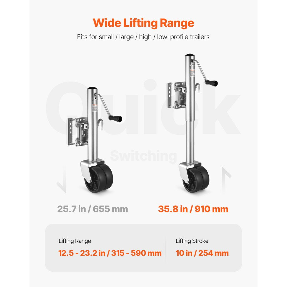 VEVOR Trailer Jack with Wheel, 1500 lbs Load Capacity, Heavy Duty Swivel Boat Trailer Jack with PP Single Wheel & Ergonomic Handle, 12-inch Lift, Fit for RVs, Boats, Horse Trailers, Utility Trailers
