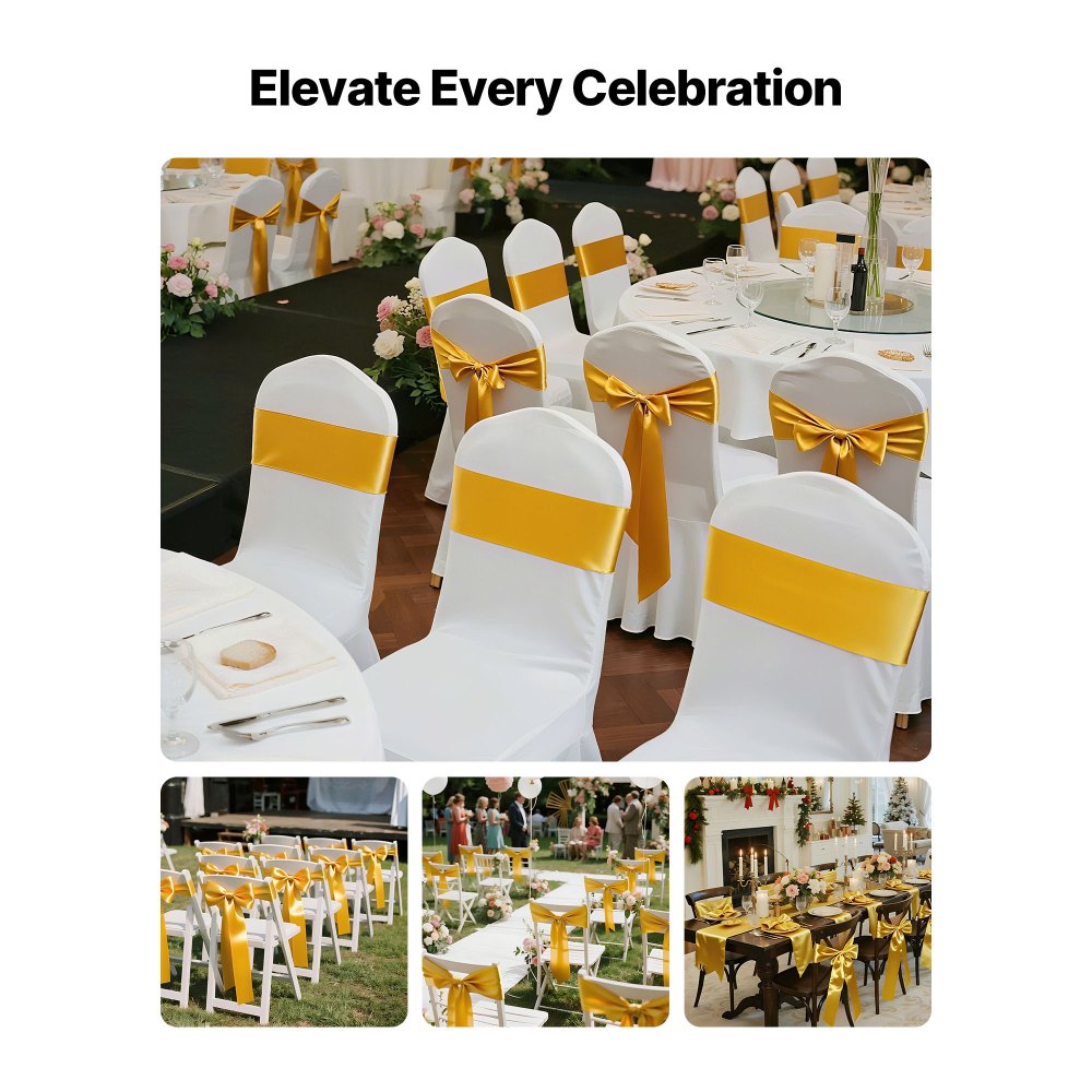 VEVOR Satin Chair Sashes Bows, 100PCS Chair Ribbon Ties Back Sash, 7 x 108 inch, Gold Wedding Reception Decoration, for Wedding Ceremony Baby Shower Party Events Banquet Chair Cover Decoration