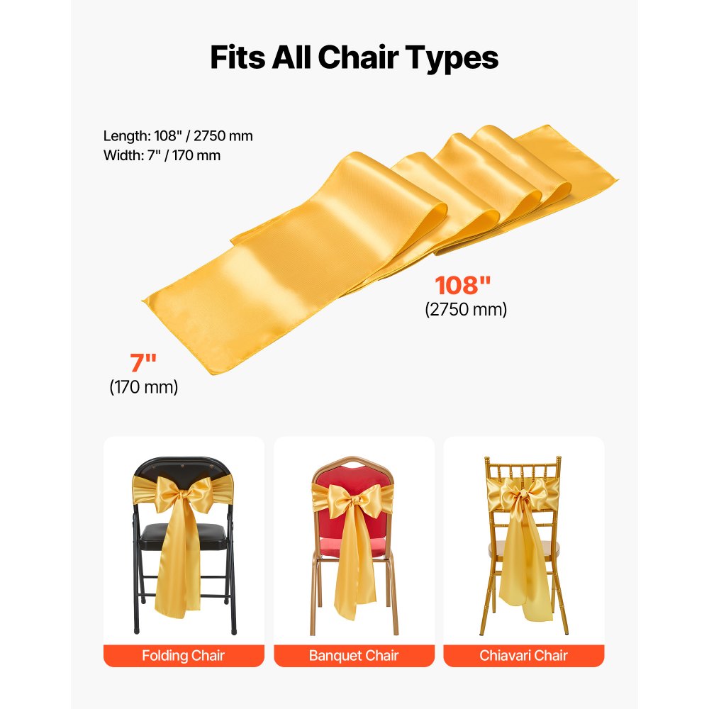 VEVOR Satin Chair Sashes Bows, 50PCS Chair Ribbon Ties Back Sash, 7 x 108 inch, Gold Wedding Reception Decoration, for Wedding Ceremony Baby Shower Party Events Banquet Chair Cover Decoration