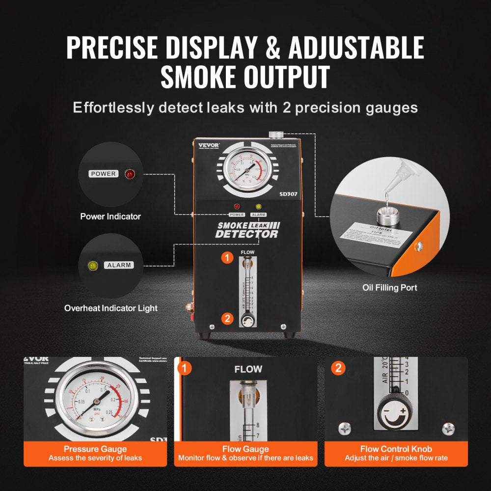VEVOR Automotive Smoke Machine Leak Detector, EVAP Vacuum Fuel Leak Tester with Built-in Air Pump, Pressure Gauge & Flow Meter, 2-Mode Vacuum Pipe Fuel Diagnostic Detector for 12V Cars Trucks Boats