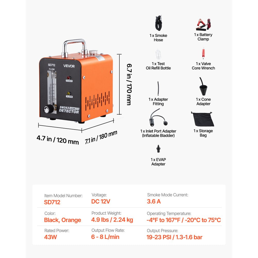 VEVOR Automotive Smoke Machine Leak Detector, DC 12V EVAP Vacuum Diagnostic Tester with Built-in Air Pump & Flow Meter, 1 PSI Vacuum Pipeline Fuel Diagnostic Detector for Cars, Motorcycles, Trucks