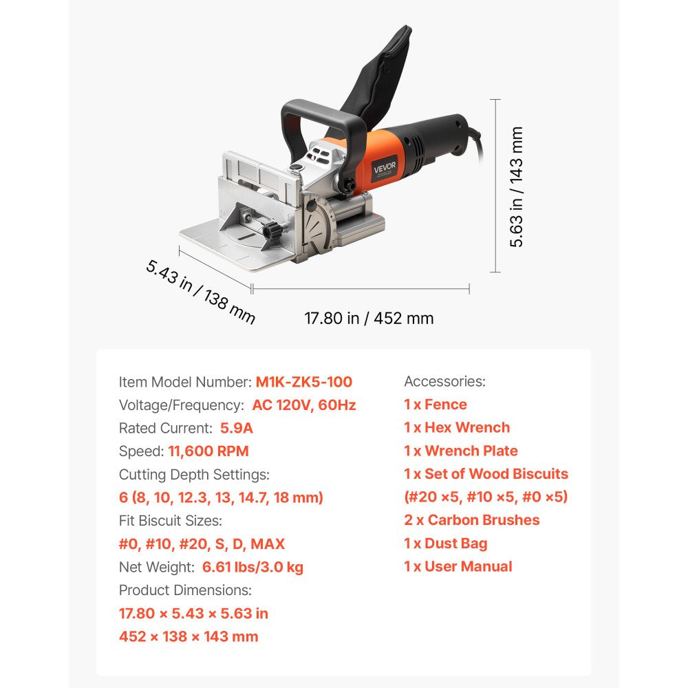 VEVOR Biscuit Plate Joiner, 5.9A, Plate Joiner Tool Kit with 11,600 RPM 760W Motor, 45-Degree Locating Notch, Carbide Tipped Blade, Wood Biscuits, Dust Bag, Adjustable Angle & Depth, for Woodworking