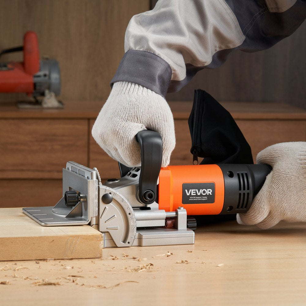 VEVOR Biscuit Plate Joiner, 5.9A, Plate Joiner Tool Kit with 11,600 RPM 760W Motor, 45-Degree Locating Notch, Carbide Tipped Blade, Wood Biscuits, Dust Bag, Adjustable Angle & Depth, for Woodworking