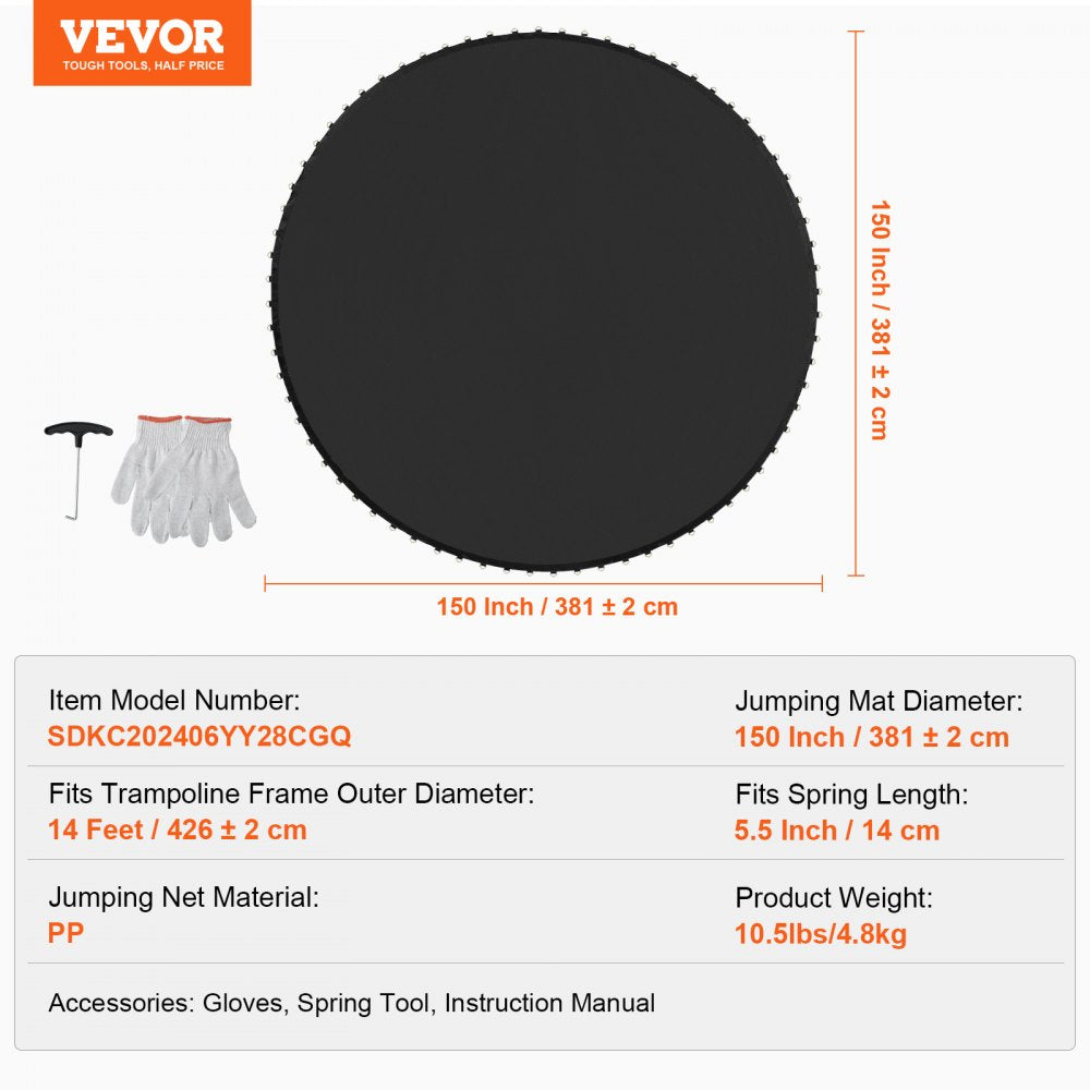 VEVOR Replacement Trampoline Mat, Jumping Mat Fits 14ft Frame, Universal Jumping Mat for 14ft Round Trampoline, Reinforce UV-Resistant Mat with Spring Tool & Durable V-Rings, Fit 5.5" Spring Length