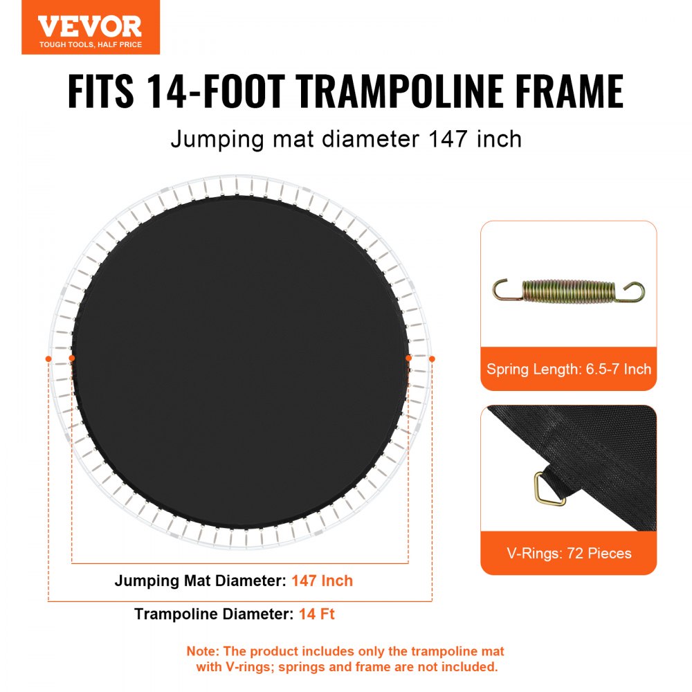 VEVOR Replacement Trampoline Mat, Jumping Mat Fits 14ft Frame, Universal Jumping Mat for 14ft Round Trampoline, Reinforce UV-Resistant Mat with Spring Tool & Durable V-Rings, Fit 6.5"-7" Spring Length