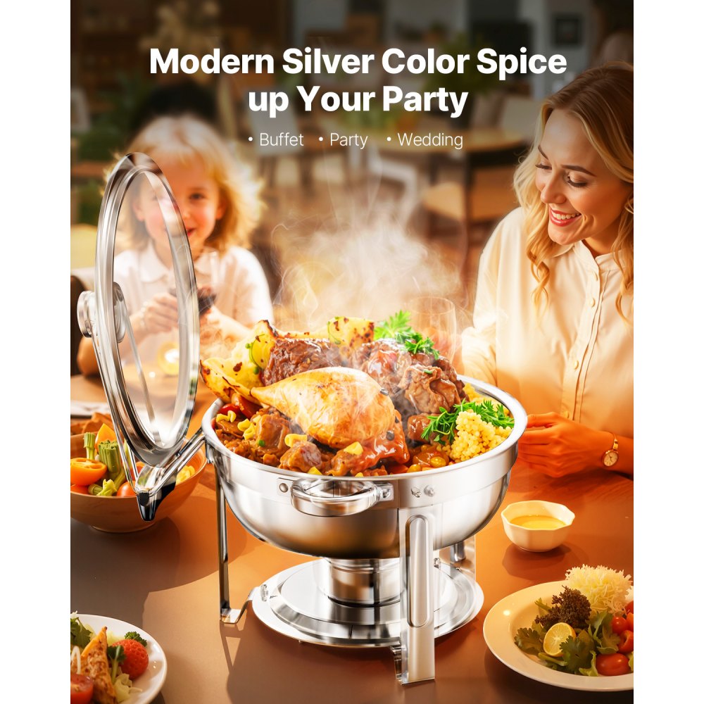 VEVOR Chafing Dish Buffet Set, 5 Qt 2 Pack, Stainless Steel Chafer with 2 Full Size Pan, Round Catering Warmer Server with Glass Lid Water Pan Folding Stand Fuel Holder, for Wedding Party Banquet, Silver