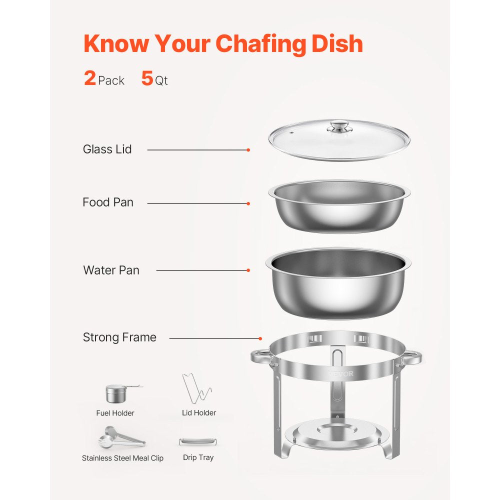 VEVOR Chafing Dish Buffet Set, 5 Qt 2 Pack, Stainless Steel Chafer with 2 Full Size Pan, Round Catering Warmer Server with Glass Lid Water Pan Folding Stand Fuel Holder, for Wedding Party Banquet, Silver