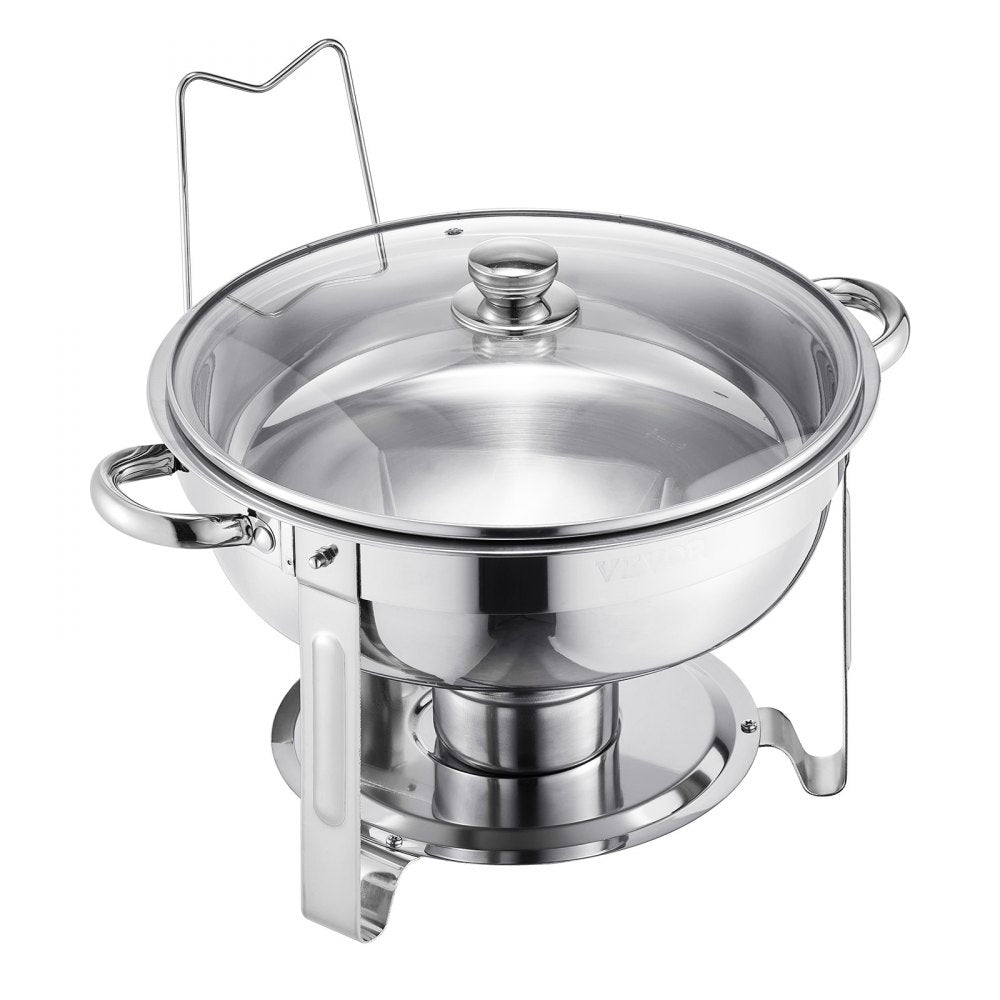 VEVOR Chafing Dish Buffet Set, 5 Qt 2 Pack, Stainless Steel Chafer with 2 Full Size Pan, Round Catering Warmer Server with Glass Lid Water Pan Folding Stand Fuel Holder, for Wedding Party Banquet, Silver
