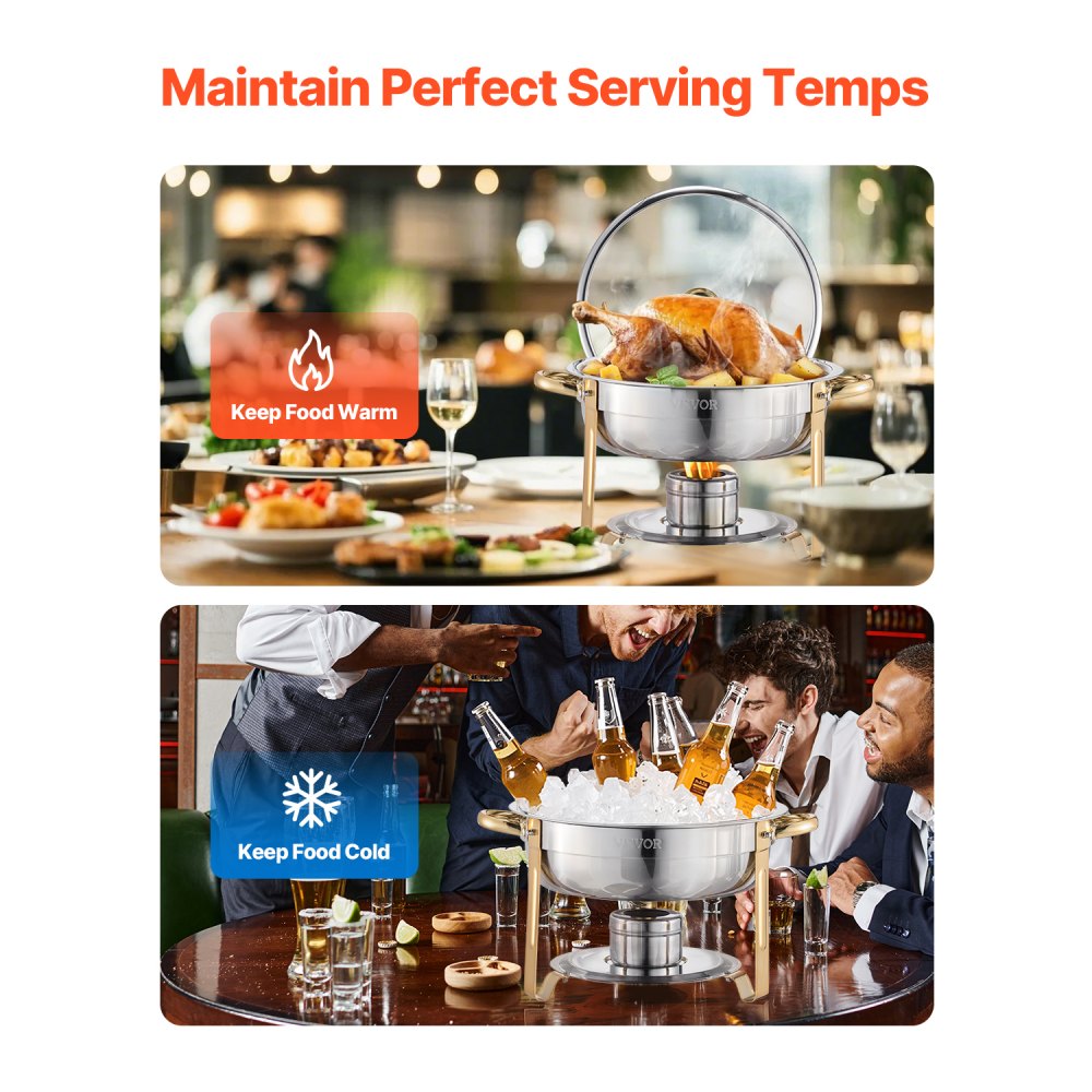 VEVOR Chafing Dish Buffet Set, 5 Qt 4 Pack, Stainless Steel Chafer with 4 Full Size Pan, Round Catering Warmer Server with Glass Lid Water Pan Folding Stand Fuel Holder, for Wedding Party Banquet, Gold